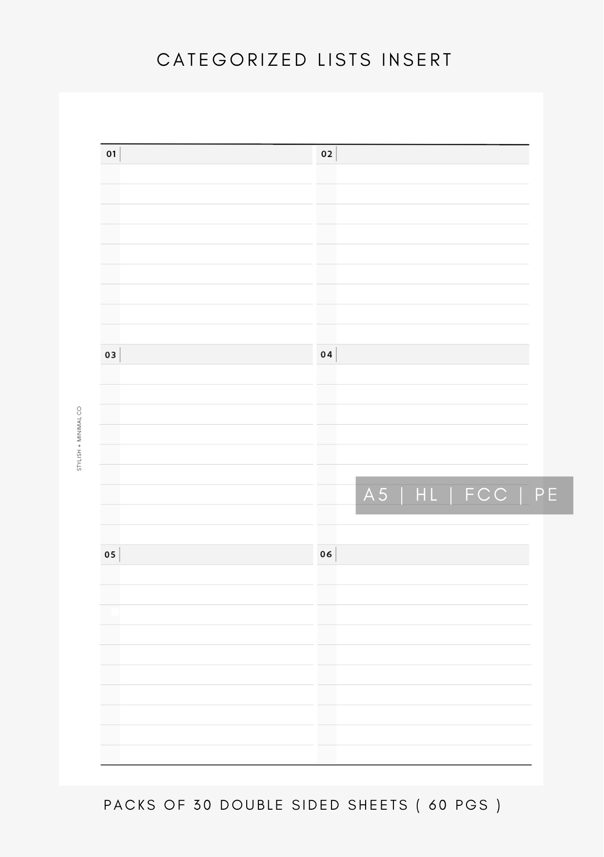 Categorized Lists Inserts - Printed Inserts