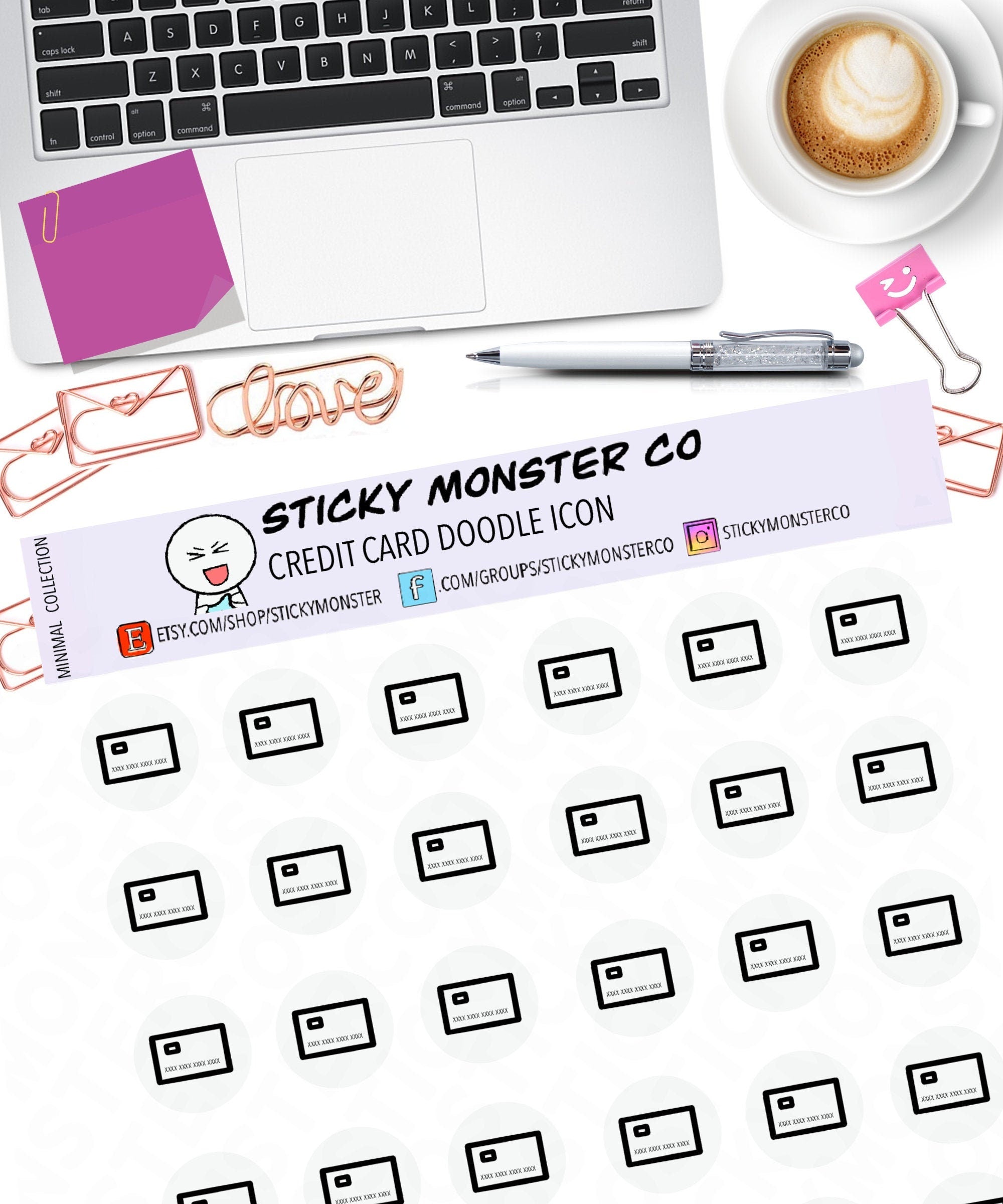 credit card doodle icon planner sticker sheet - minimal planning, func ...