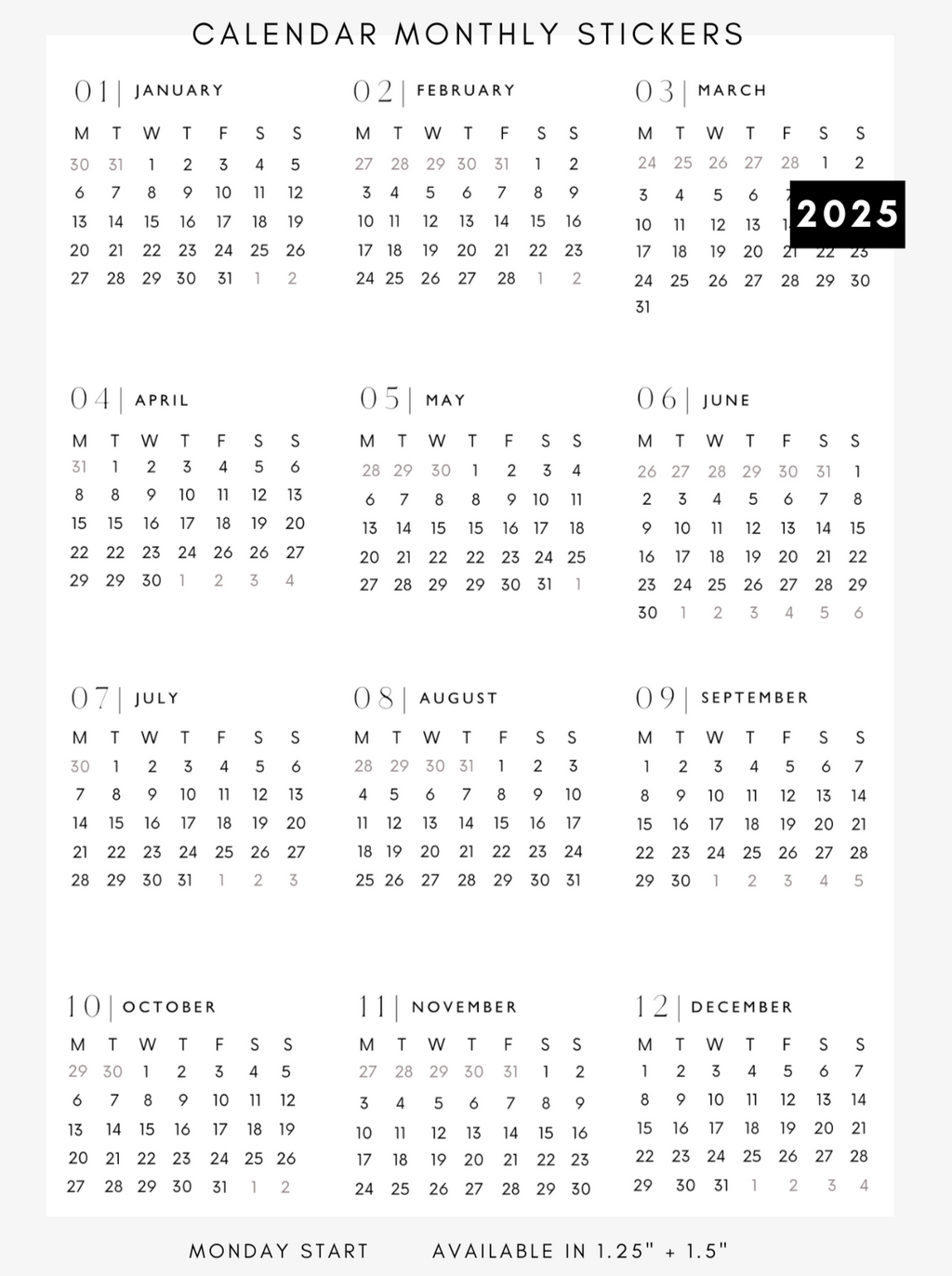 2026 monthly calendar stickers