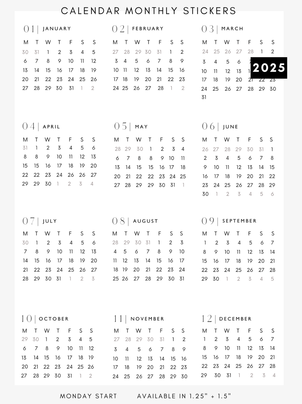 2025 monthly calendar stickers