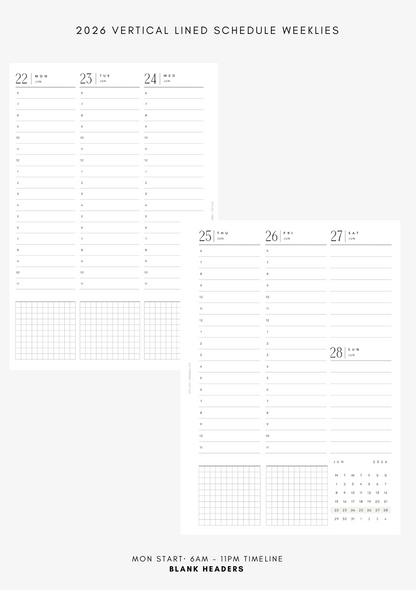 2026 vertical lined timeline Weekly DATED