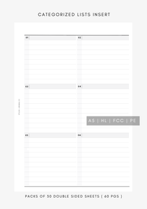 Categorized Lists Inserts - Printed Inserts