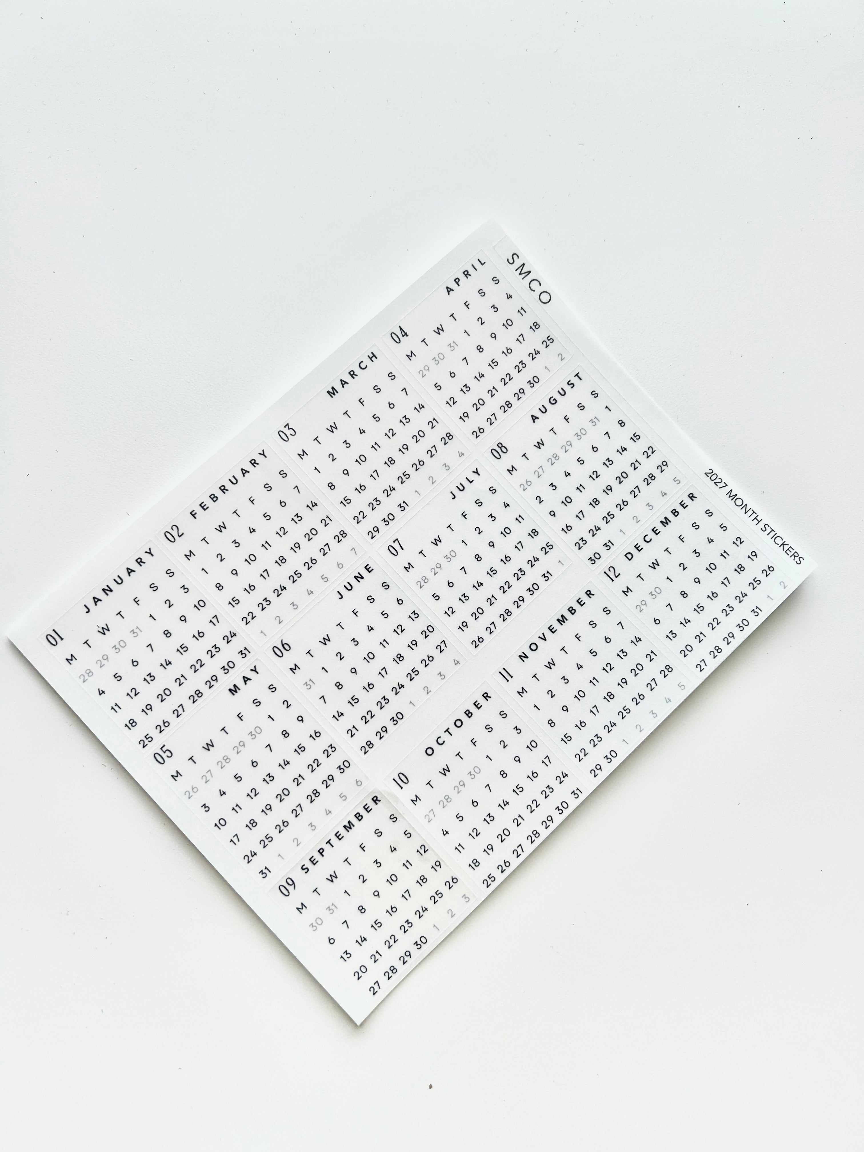 2027 monthly calendar box stickers