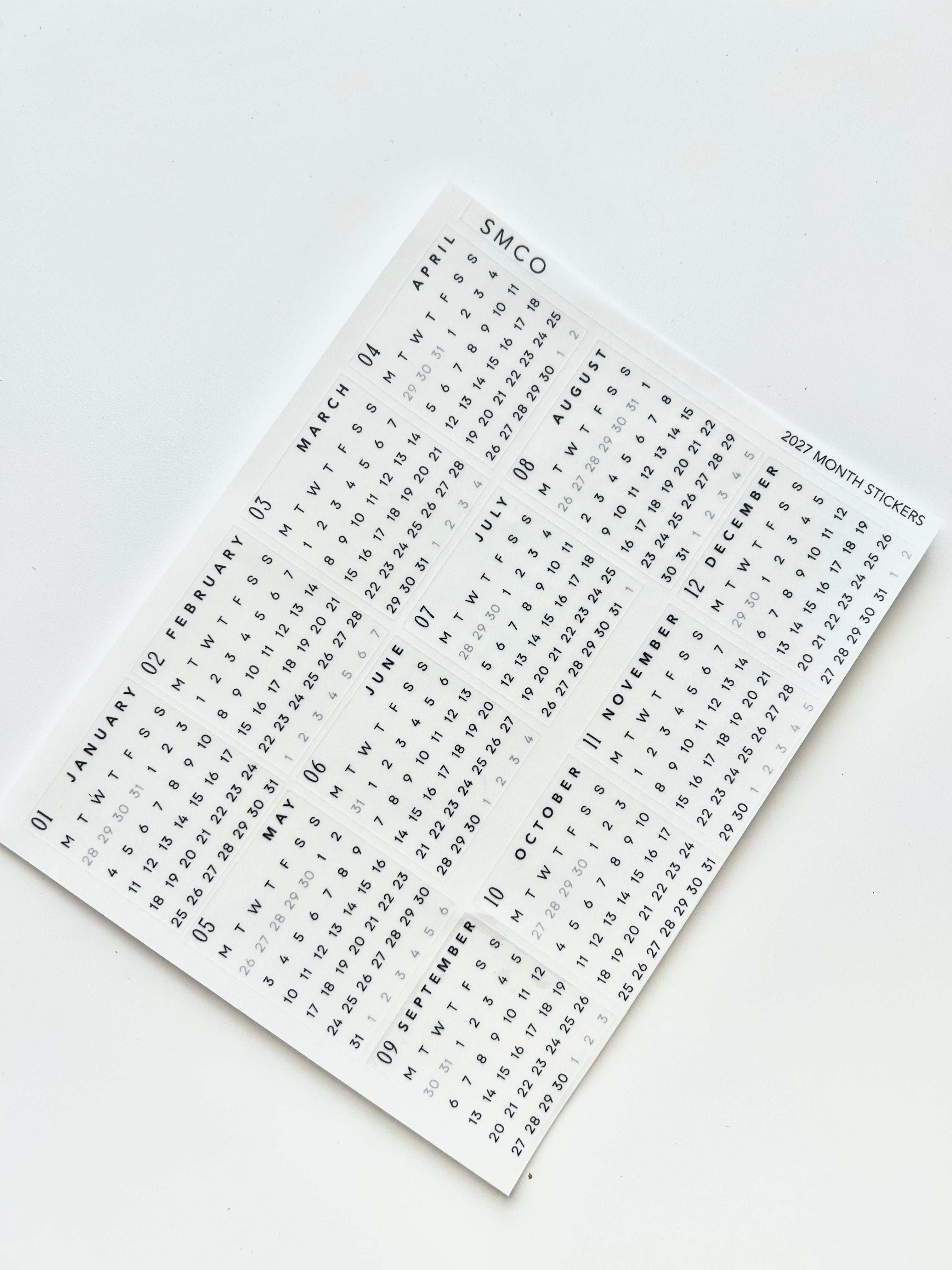 2027 monthly calendar box stickers