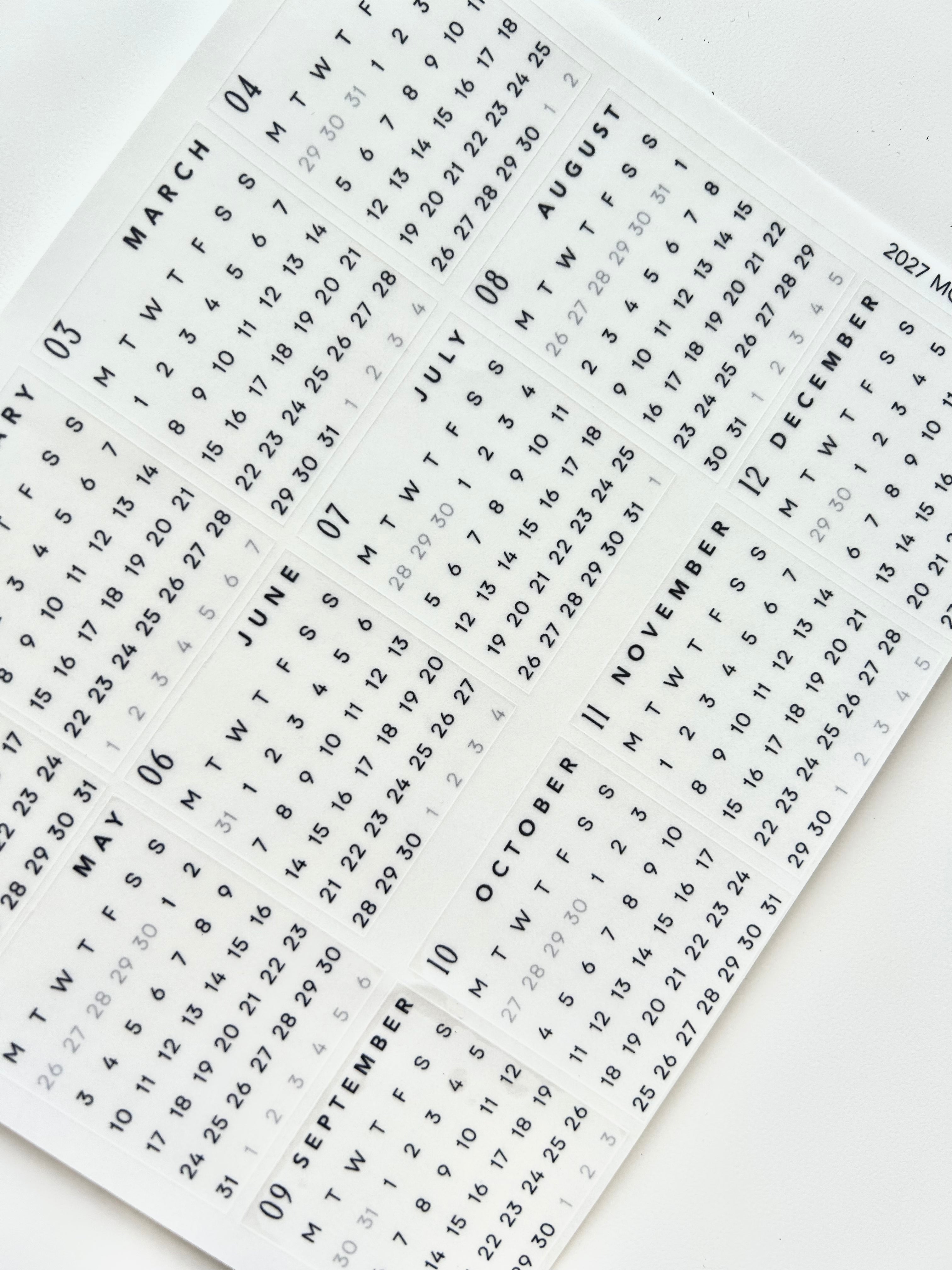 2027 monthly calendar box stickers