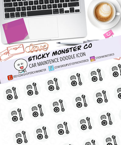 car maintenance doodle icon planner sticker sheet - minimal planning, functional, decorative, stationary, schedule, gear, wrench