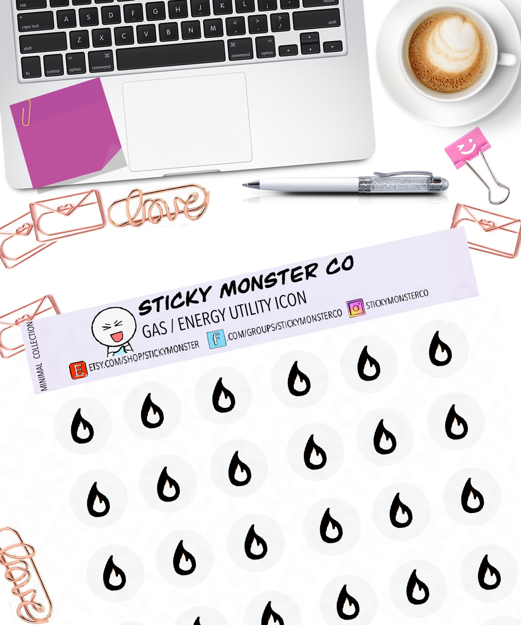 flame doodle icon planner sticker sheet - minimal planning, functional, decorative, stationery, utility, energy, bill