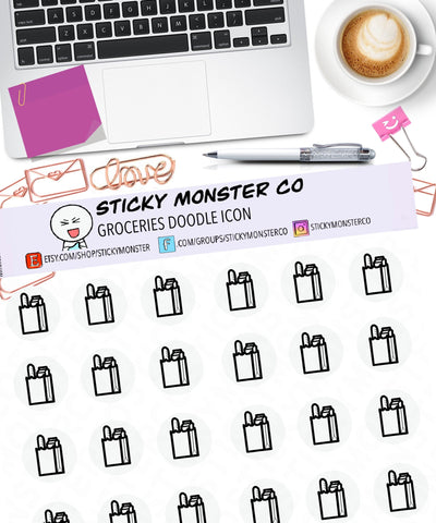 grocery doodle icon planner sticker sheet - minimal planning, functional, decorative, stationary, home, house, grocery