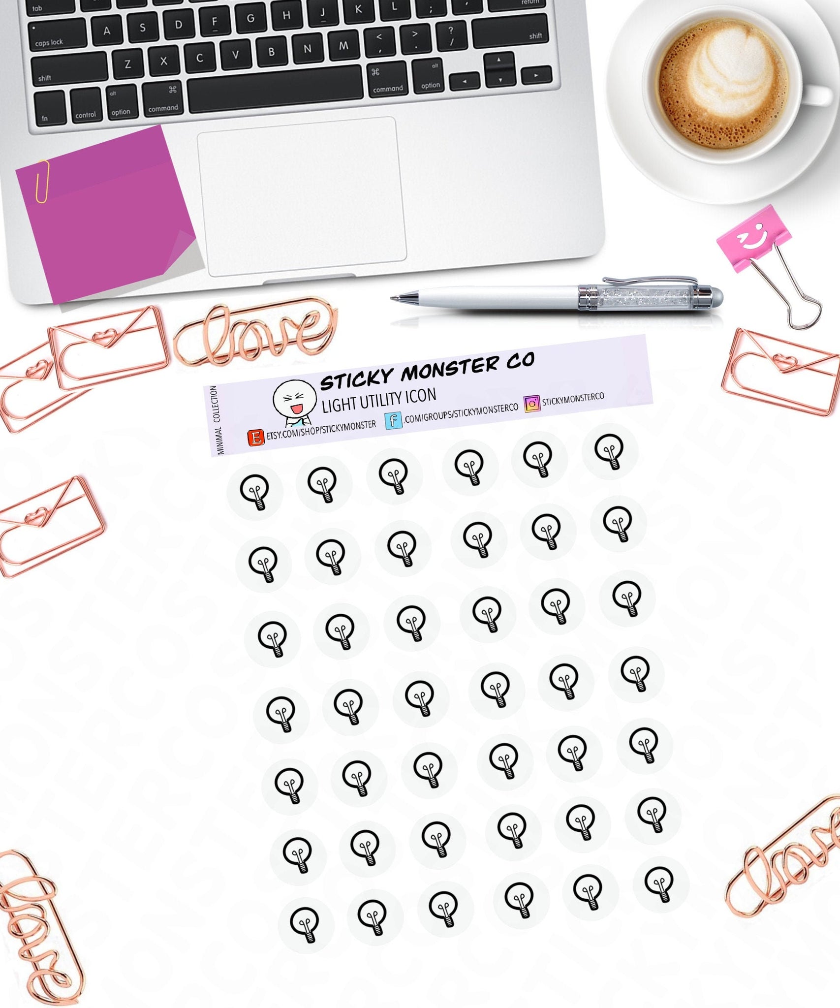 light doodle icon planner sticker sheet - minimal planning, functional, decorative, stationery, energy, utility, bill