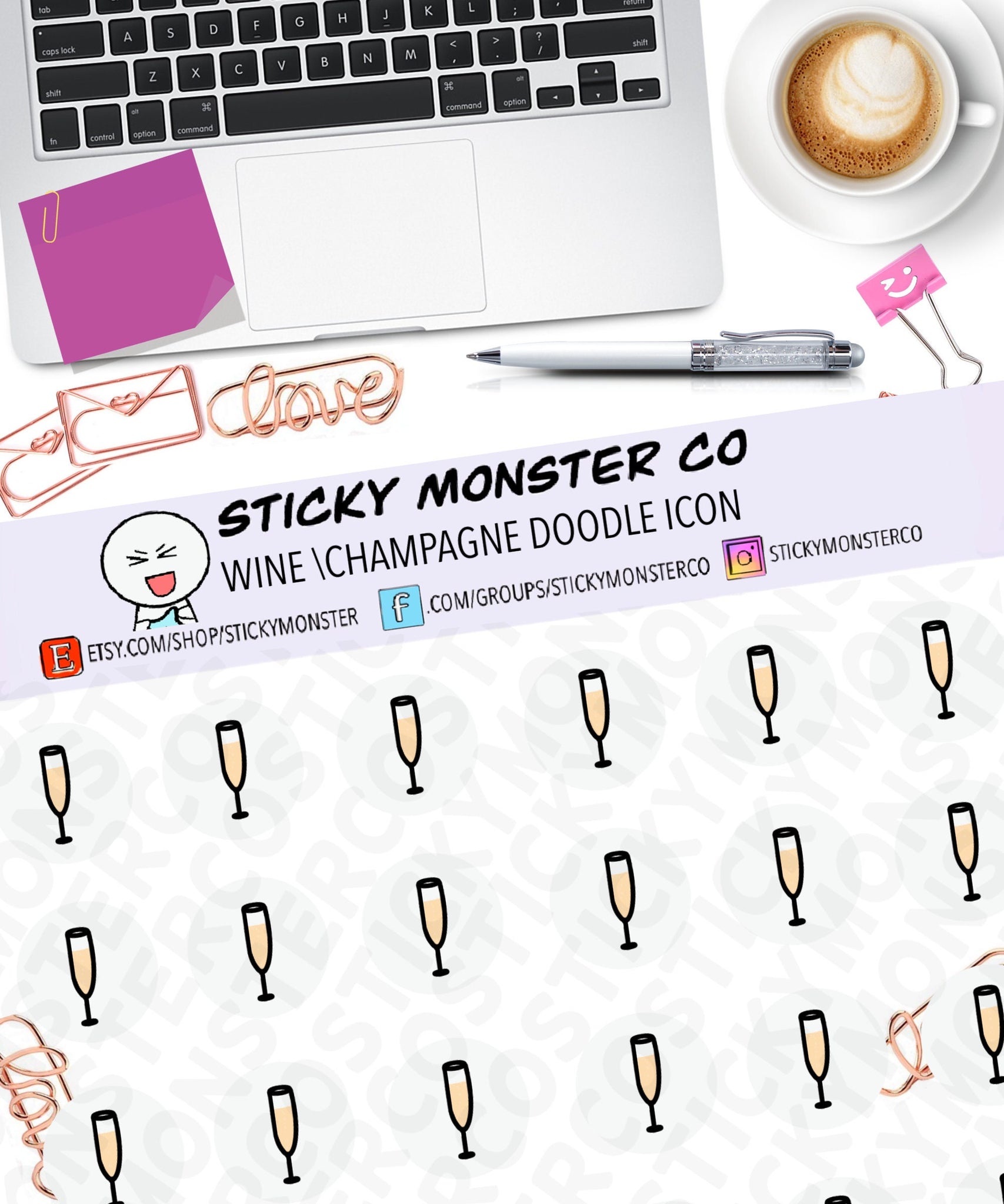 wine glass doodle icon planner sticker - Icon planner stationery stickers, wine, drinks, self care, relax, champagne