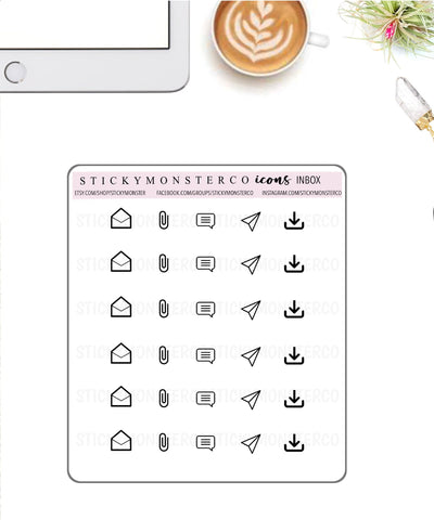 Minimal inbox Icon Sticker - office, business, simplistic planning, reminders, email,paperclip, messages,mail sent, download, attachment