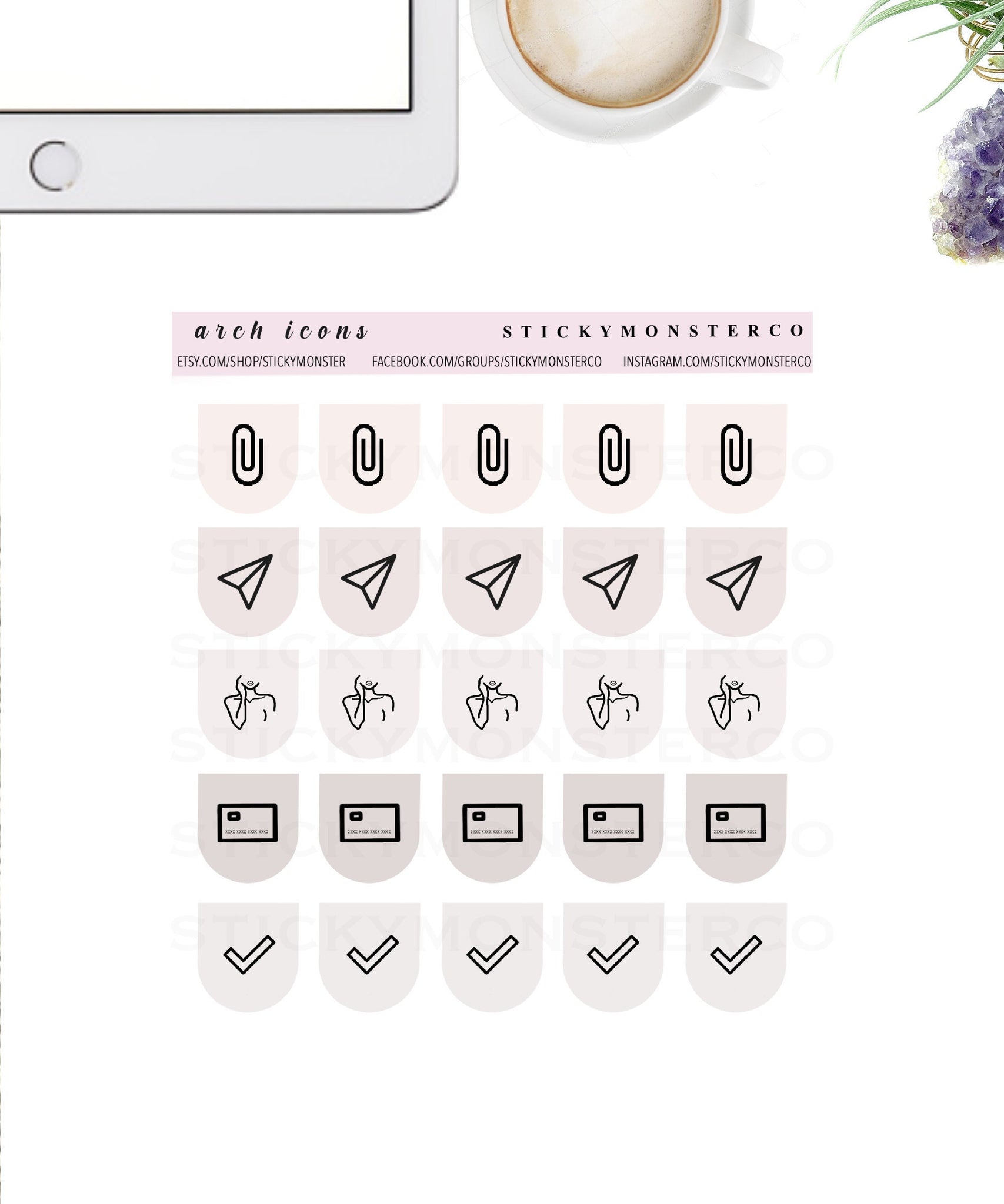 arch transparent icon planner sticker sheet - minimal planning, functional, decorative, stationery, self care, home, inbox, finances, list